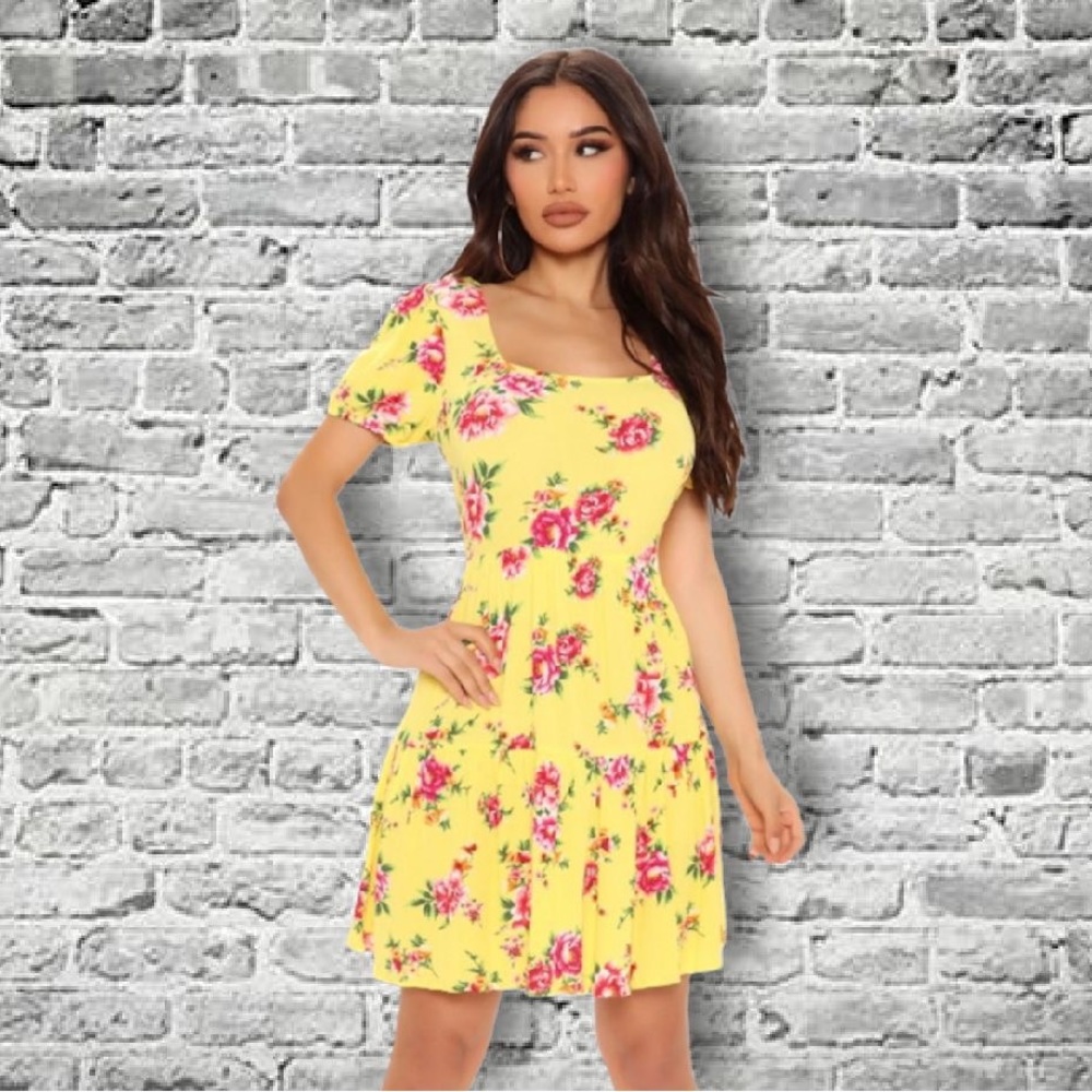 Beautiful Lightweight Breanna Puff Sleeve Yellow Bohemian Floral Mini Dress - Picture 2 of 13